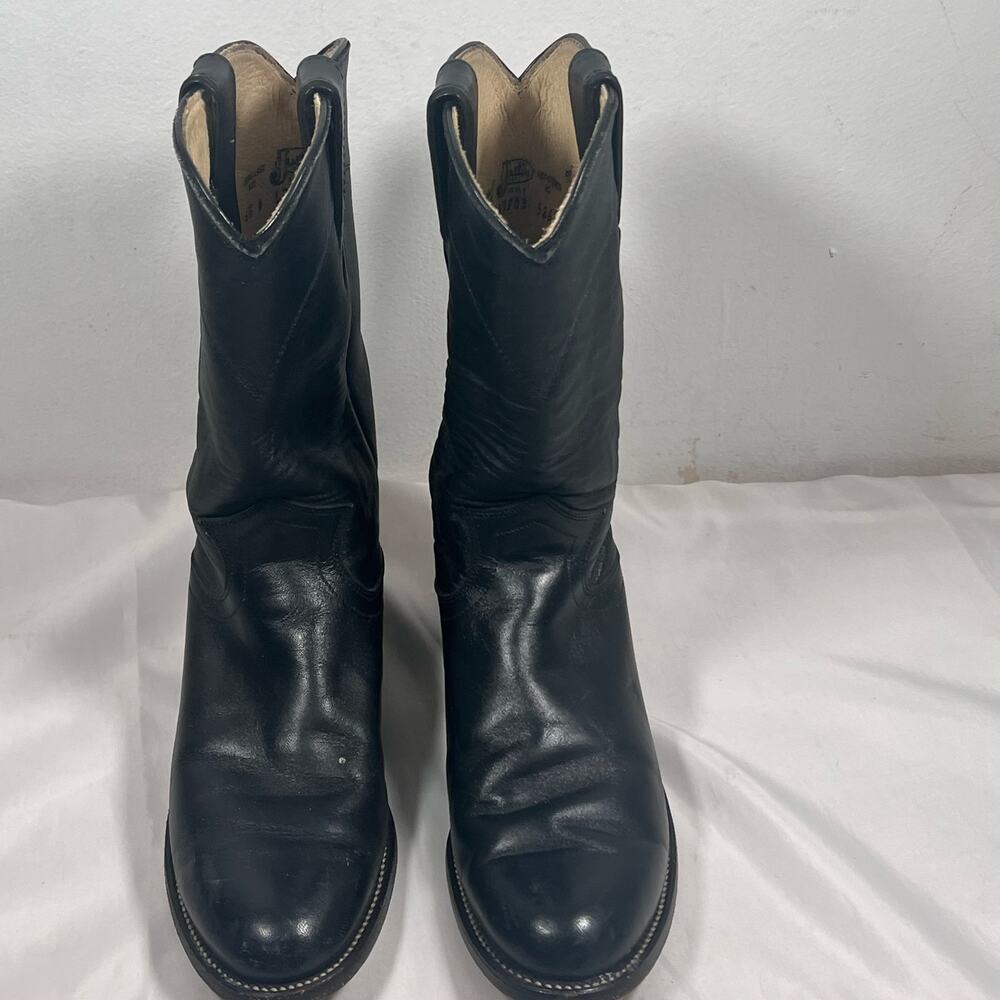Justin Black Leather Roper Cowboy Boots Women's 6.5 L3703 Round Toe Western - Picture 2 of 16